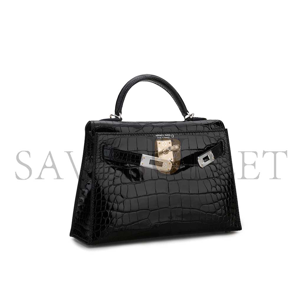 H**mes master a shiny black alligator mini kelly ii with palladium hardware (19*12*5.5cm)